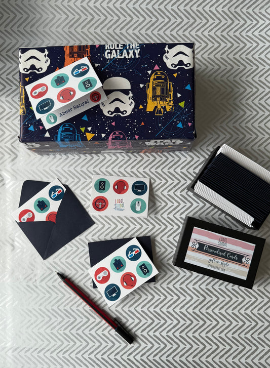 A gift wrapped featuring a personalised gift tag with video game icons