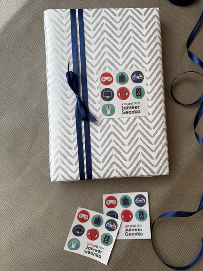 gift label for kids persoalised with a name and round video games related icons