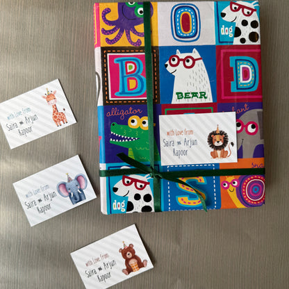 Set of 4 gift cards personalised for kids with animals wearing party hats