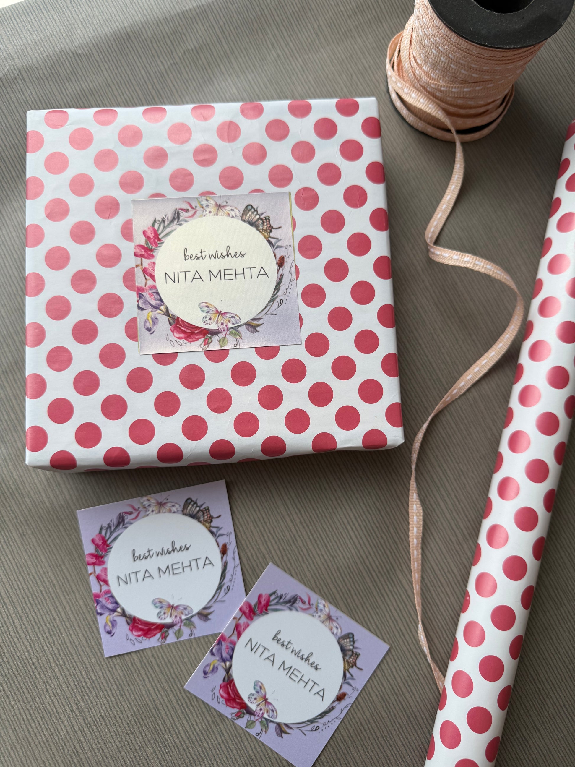 Lavender base design with flowers and butterflies in a personalised
Gift label