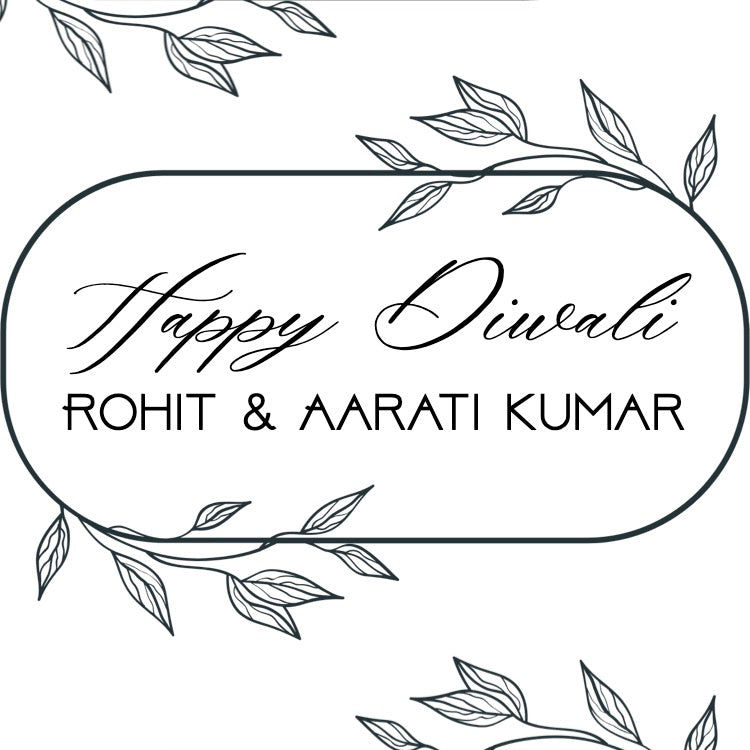 Black and white 'Happy Diwali' card with leaf decorations and personalized names.