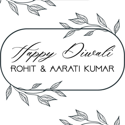 Black and white 'Happy Diwali' card with leaf decorations and personalized names.