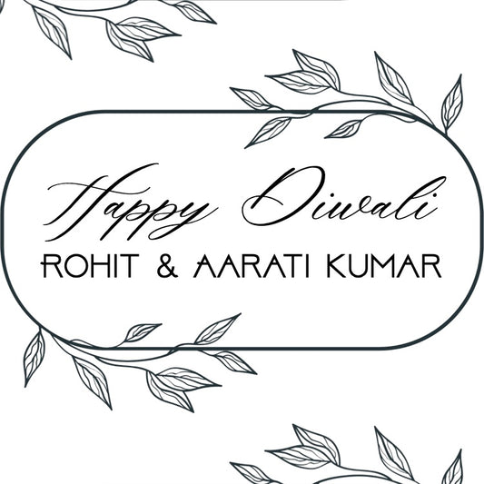 Black and white 'Happy Diwali' card with leaf decorations and personalized names.