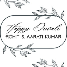 Black and white 'Happy Diwali' card with leaf decorations and personalized names.