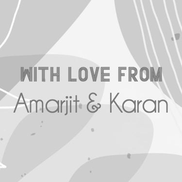 A gray gift label with abstract designs and text that reads 'WITH LOVE FROM Amarjit & Karan'.