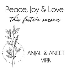 Black and white decorative card with 'Peace, Joy & Love this festive season' text and leaf design.
