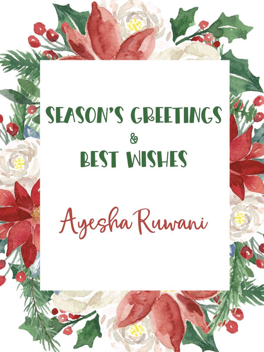 Xmas ribbon tag with bright xmas foilage in shades of green red
