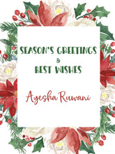 Xmas ribbon tag with bright xmas foilage in shades of green red