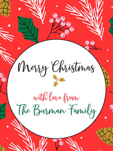 Bright red Background with xmas elementss of pine cone, holly leaf berries 