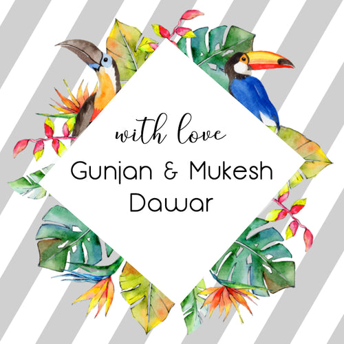 A colorful gift label with a tropical design, featuring birds and leaves, with a personalized message.