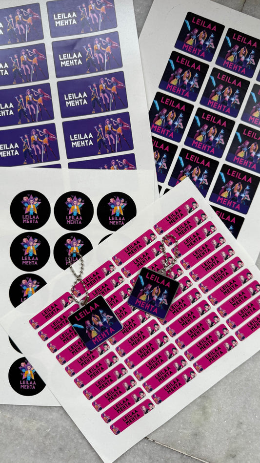 Kpop demon hunter characters in a set of personalised school name labels in differtn shapes and colours