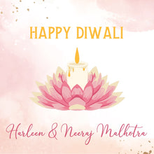Happy Diwali card with a pink lotus and candle on a soft pink background