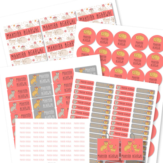 different shapes of labels in white, peach and grey colours with cats theme icons and names on personalised waterproof stickers for kids