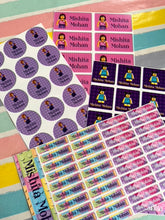 Collection of personalized stickers with a name on a colorful lego themed background