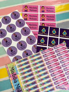Collection of personalized stickers with a name on a colorful lego themed background