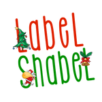 Logo of label shabel in red and green colour with a xmas tree, santa clause and a bell