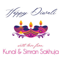 Happy Diwali greeting card with colorful diya design and personalized text.