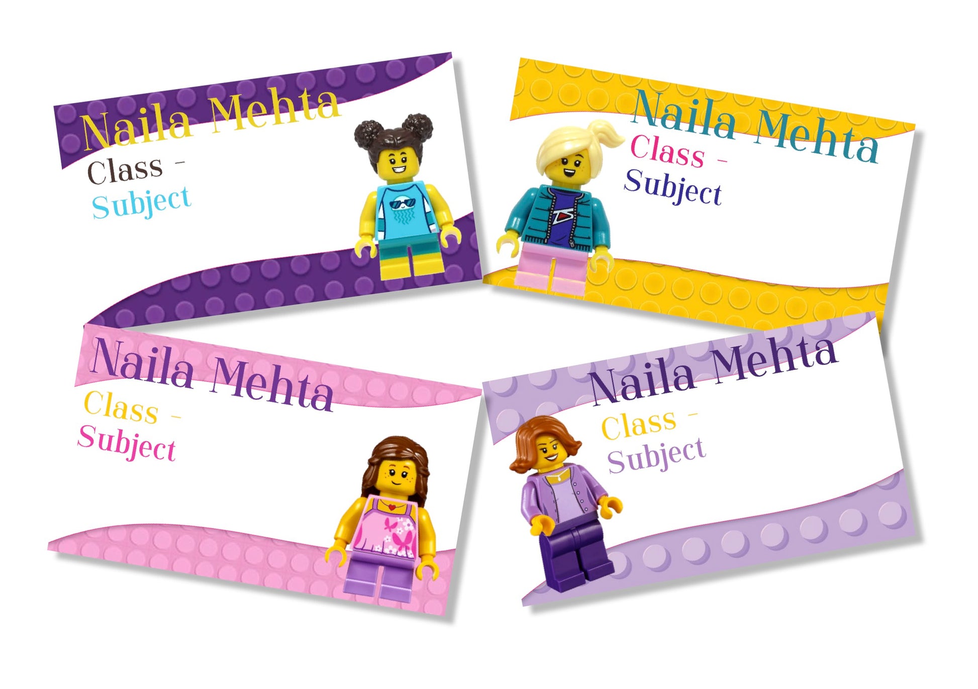 Four adhesive book labels with a Lego theme, featuring different characters and class names.
