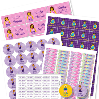 Labels with a Lego character design, available in various sizes and colors.