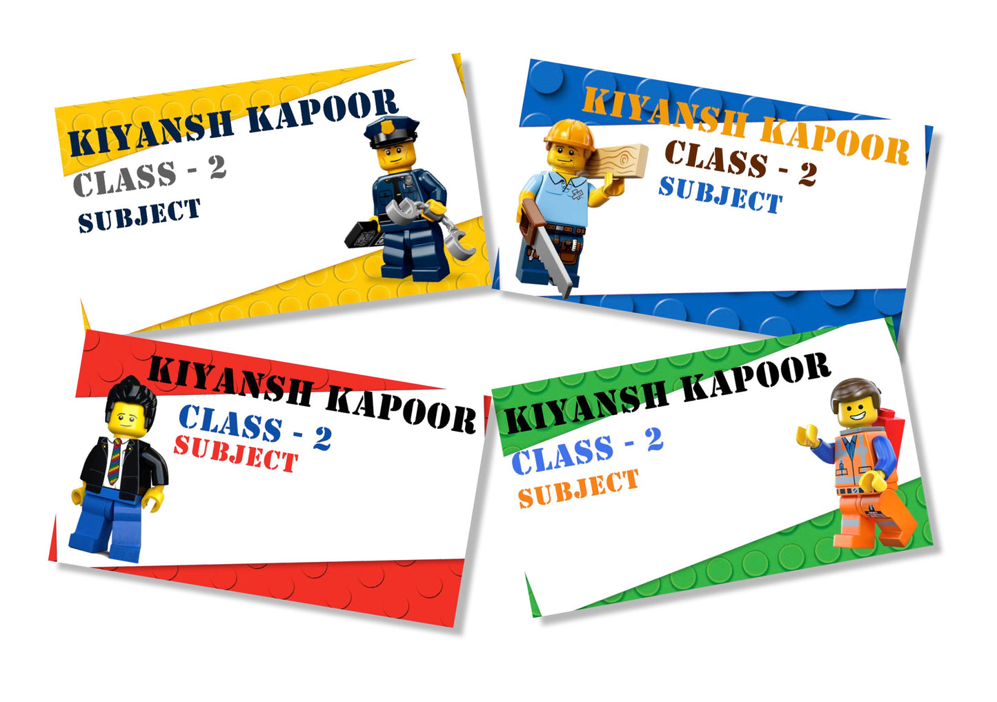 Four adhesive book labels with Lego character motifs in various colors, each with a different background color, and text that includes 'KYLANSH KAPOOR' and 'CLASS 2'.