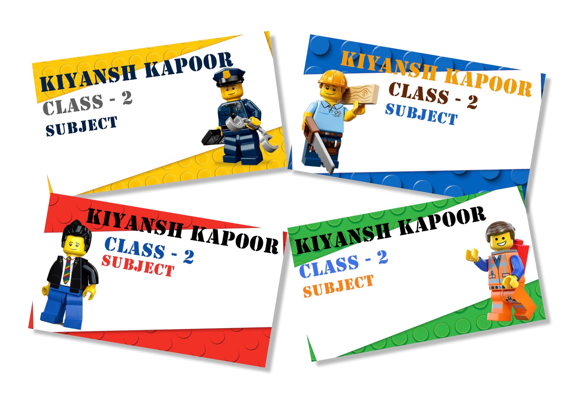 Four adhesive book labels with Lego character motifs in various colors, each with a different background color, and text that includes 'KYLANSH KAPOOR' and 'CLASS 2'.