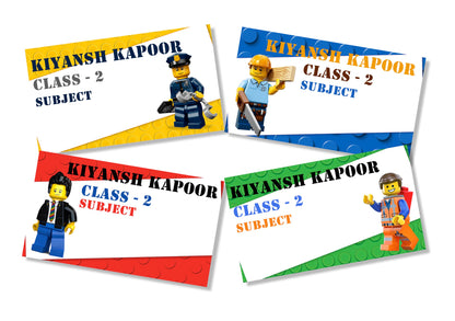 Four adhesive book labels with Lego character motifs in various colors, each with a different background color, and text that includes 'KYLANSH KAPOOR' and 'CLASS 2'.