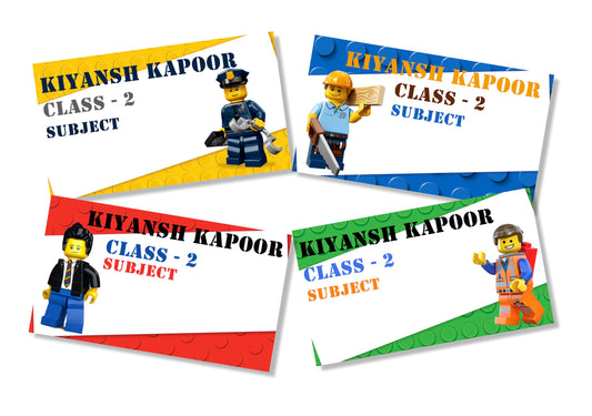 Four adhesive book labels with Lego character motifs in various colors, each with a different background color, and text that includes 'KYLANSH KAPOOR' and 'CLASS 2'.