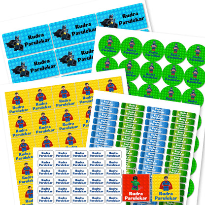 Assorted round and square lego superhero themed labels in various colors with the text 'RUDRA PARAKAR' and a lego character icon.