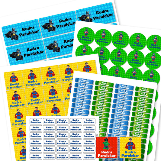 Assorted round and square lego superhero themed labels in various colors with the text 'RUDRA PARAKAR' and a lego character icon.