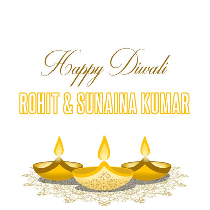 Happy Diwali greeting card with three lit candles and personalized names on a white background