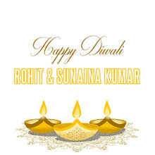 Happy Diwali greeting card with three lit candles and personalized names on a white background