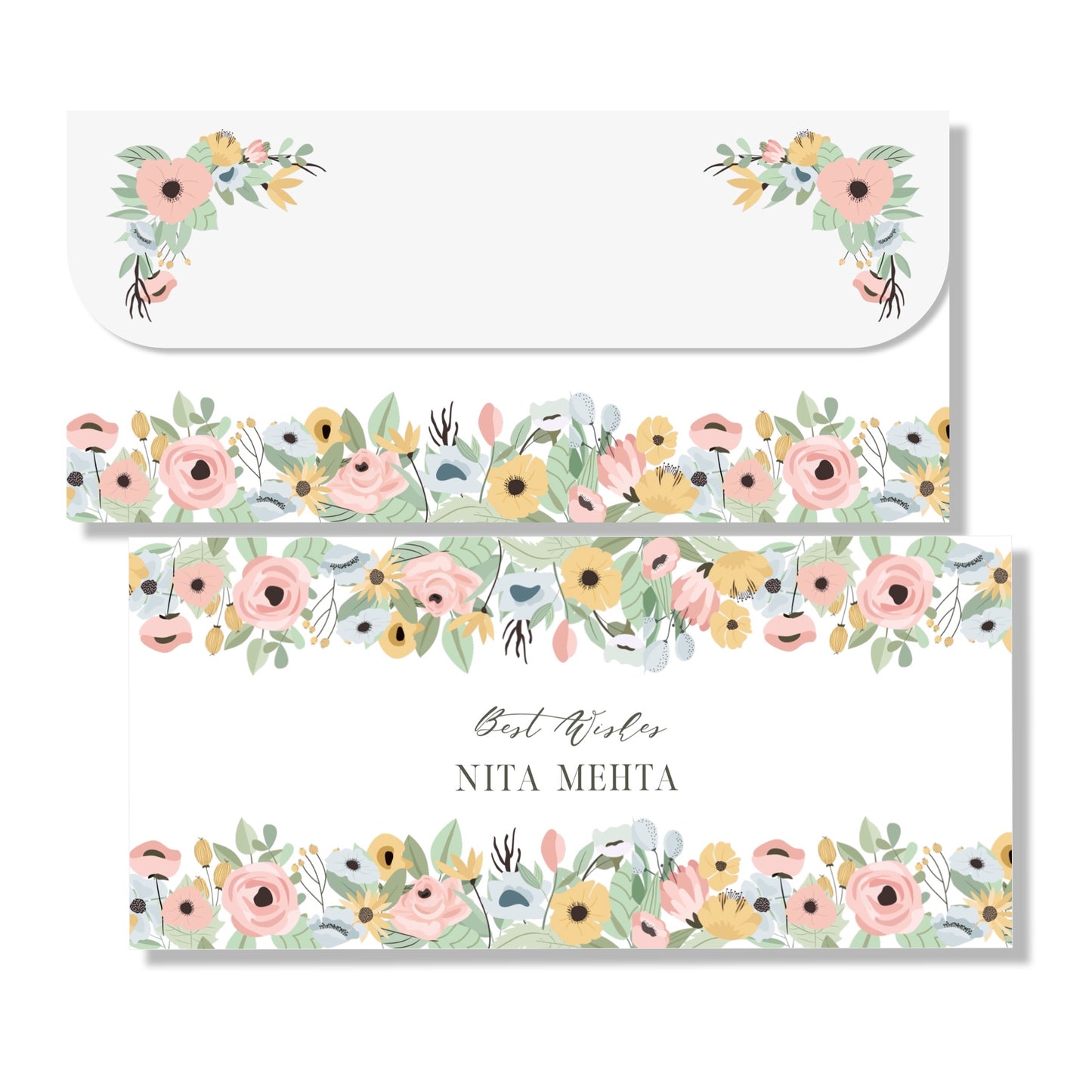 A set of gift envelopes with a floral design, including an envelope with a personalized name, 'Nita Mehta', printed on it.