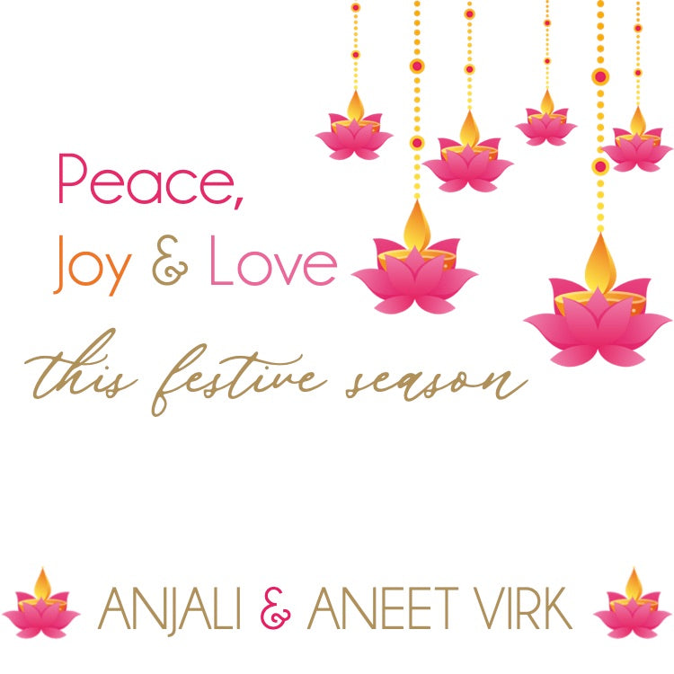 Decorative card with pink lotus flowers, 'Peace, Joy & Love this festive season' text, and brand name 'Anjali & Aneet Virk'.