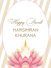 Happy Diwali card with a candle and pink lotus design on a white and beige striped background