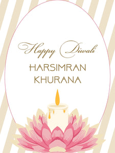 Happy Diwali card with a candle and pink lotus design on a white and beige striped background
