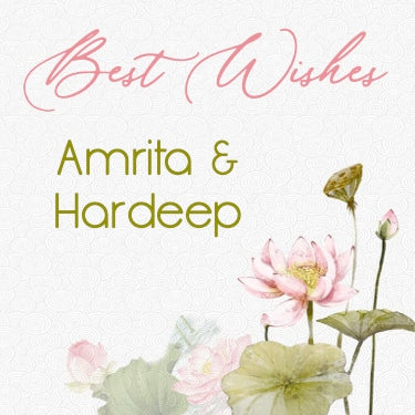 A gift label with a floral design, featuring pink and green colors, with the text 'Best Wishes - Amrita & Hardeep'.