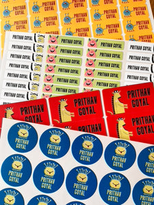 Collection of school name stickers with cute monsters theme