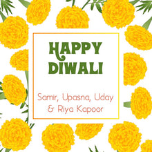 Happy Diwali greeting card with yellow marigold flowers and personalized names on a white background
