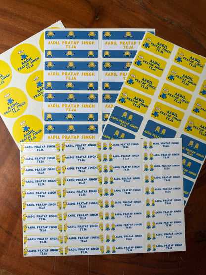 Minion themed waterproof school name labels in yellow and blue theme colours with cute minion cartoons