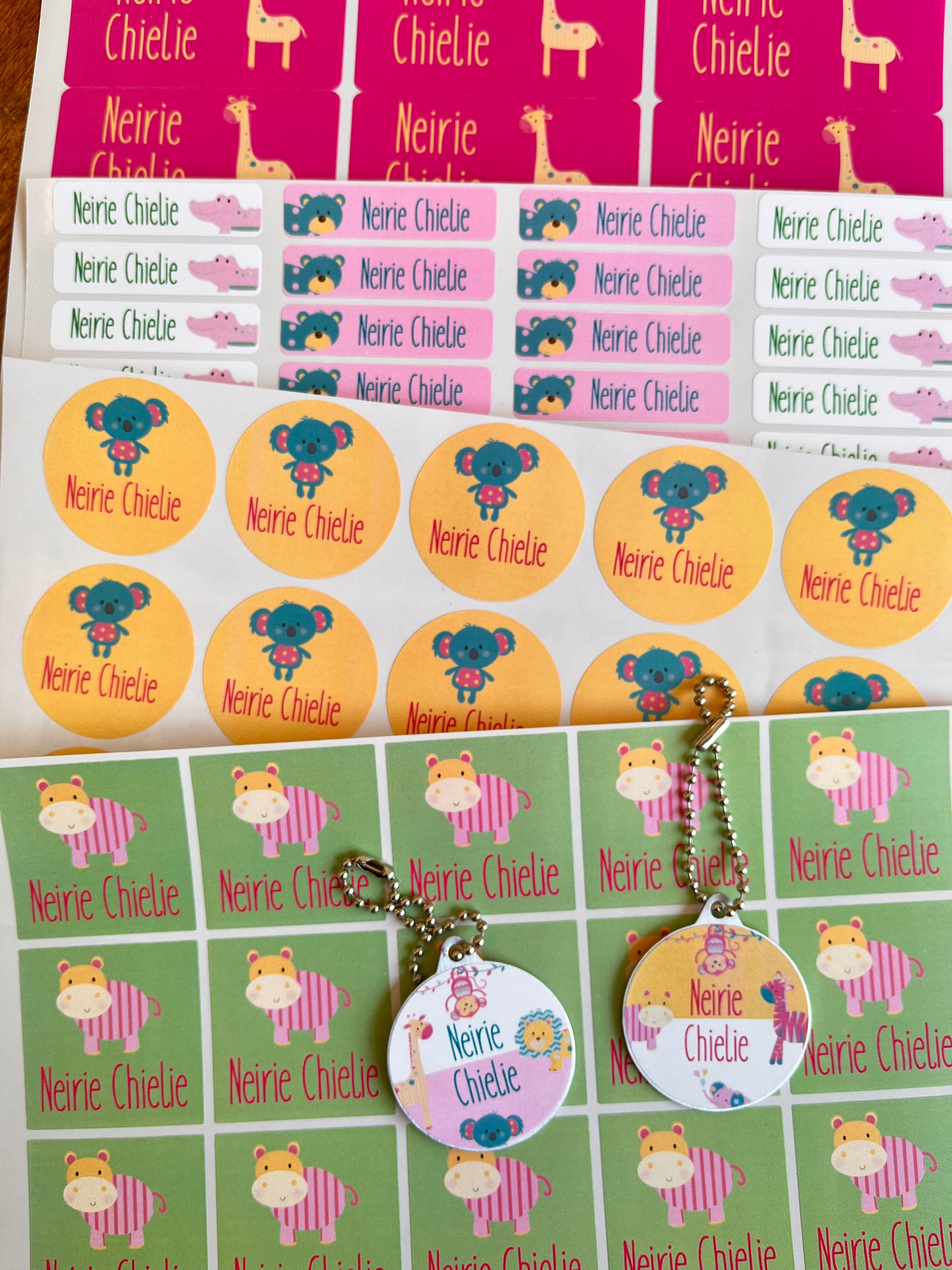waterproof school name labels in mixed colours with cute baby animal illustrations  of a giraffe, bear, crocodile and a hippo and a child's name on it