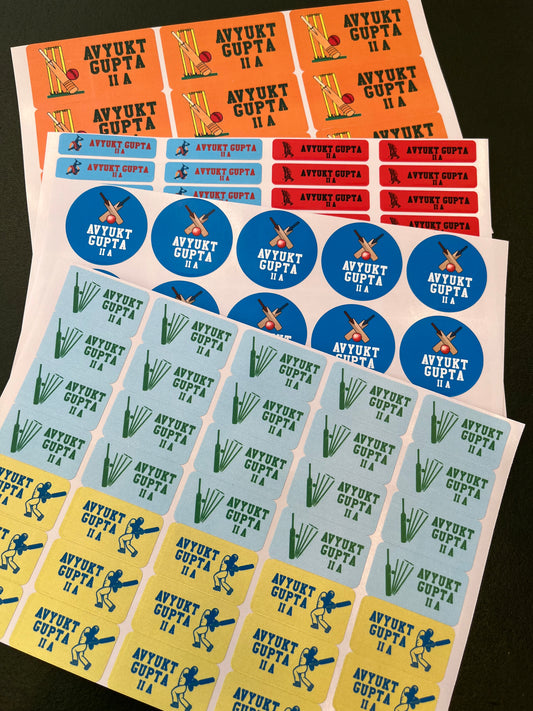 waterproof personalised name stickers for school kids with cricket inpired icons and drawings 