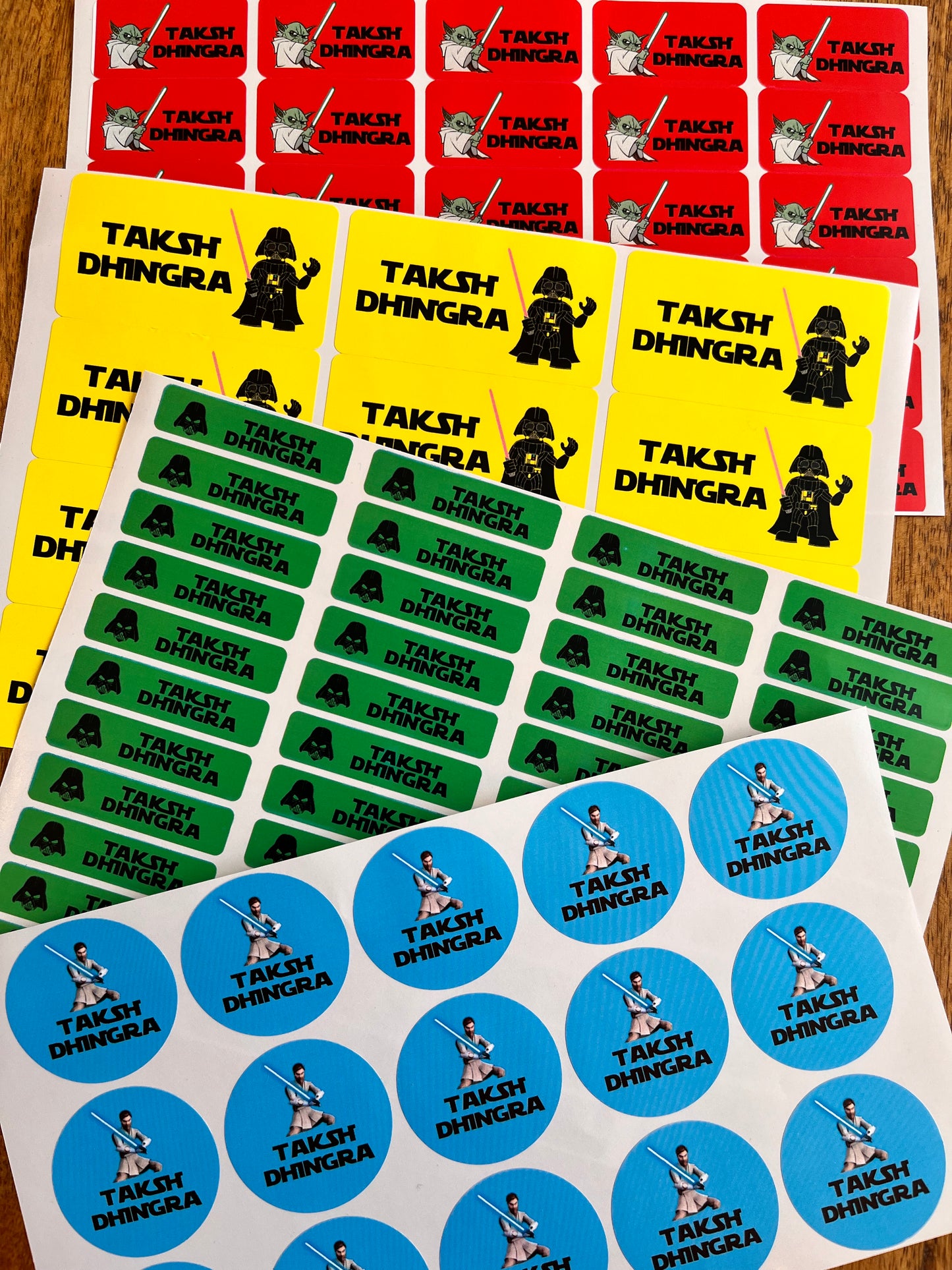 star wars theme characters on waterproof non tear labels in bright red yellow green and blue colours