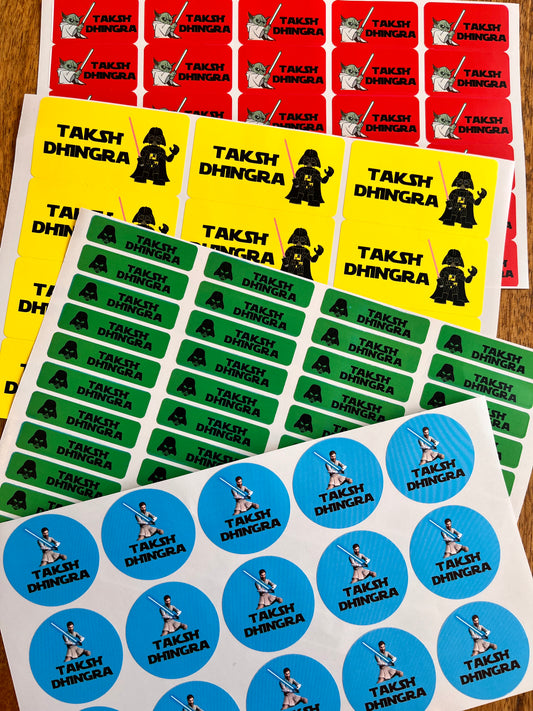 star wars theme characters on waterproof non tear labels in bright red yellow green and blue colours