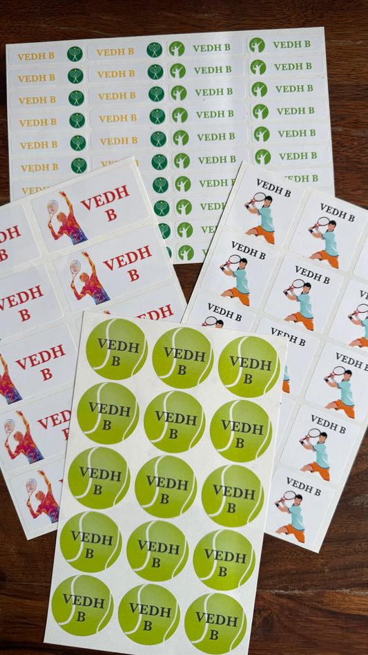 waterproof name labels for school with tennis theme icons and illustrations personalised with name