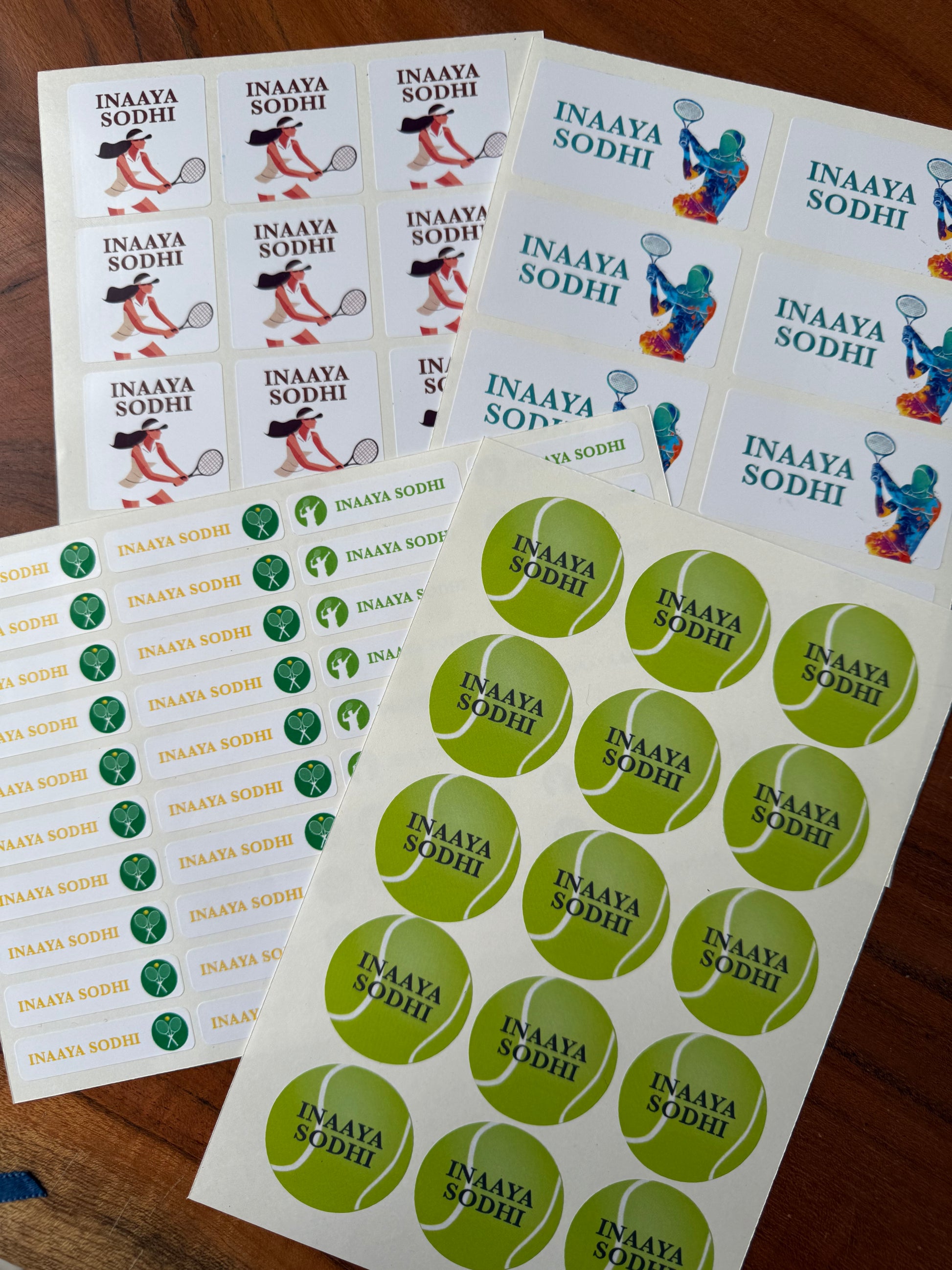 waterproof name labels for school with tennis theme icons and illustrations personalised with name