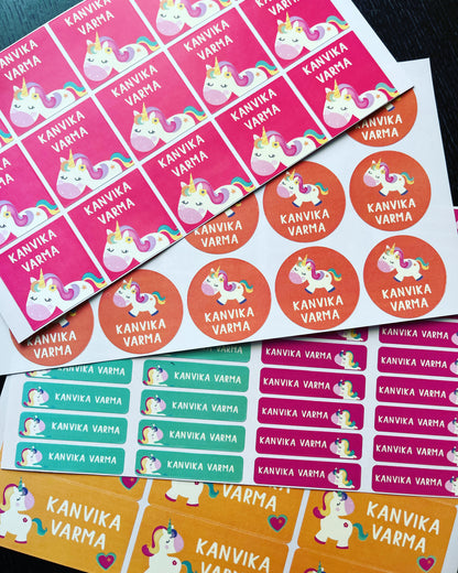 bright colour waterproof name stickers with different unicorn cartoons personalised name 
