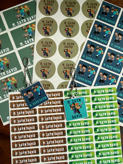 waterproof name labels for school with minecraft characters and colour theme