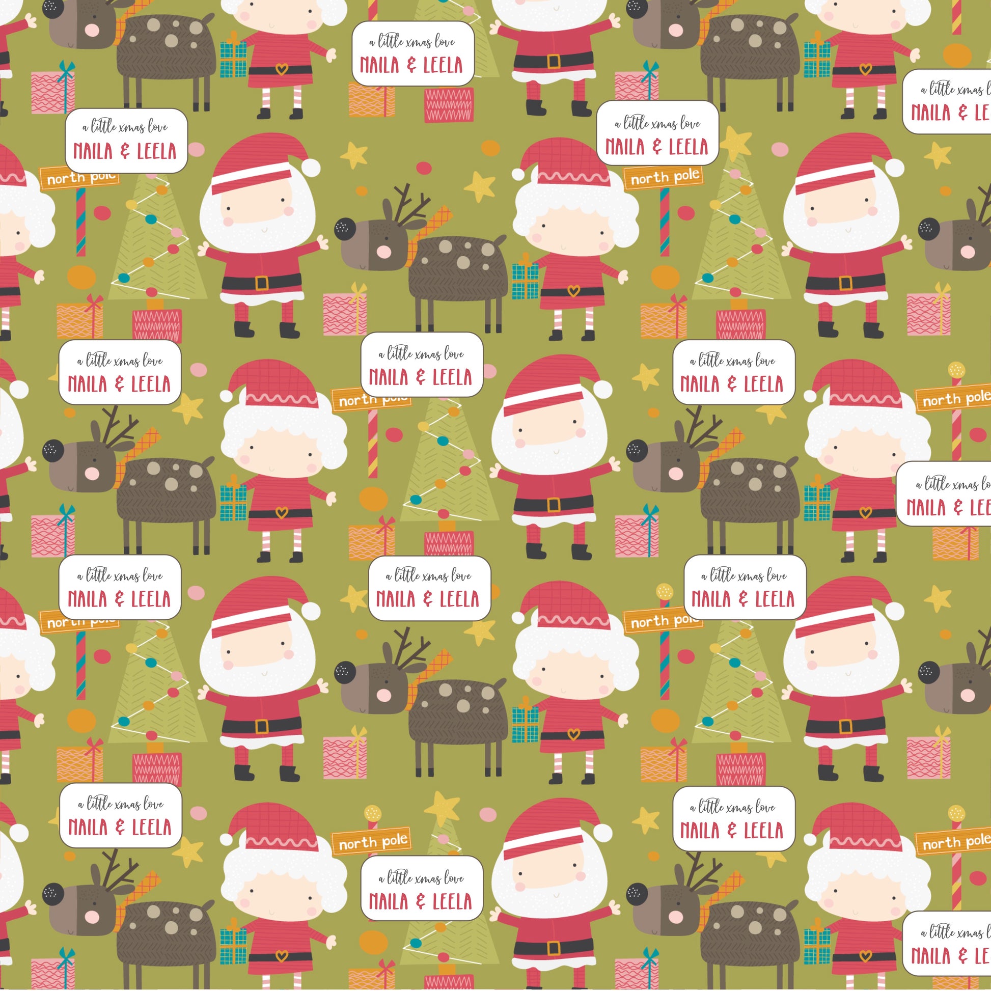 Wrapping paper and Santa claus, Mrs Claus and reindeer on a green background with gifts
