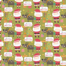 Wrapping paper and Santa claus, Mrs Claus and reindeer on a green background with gifts