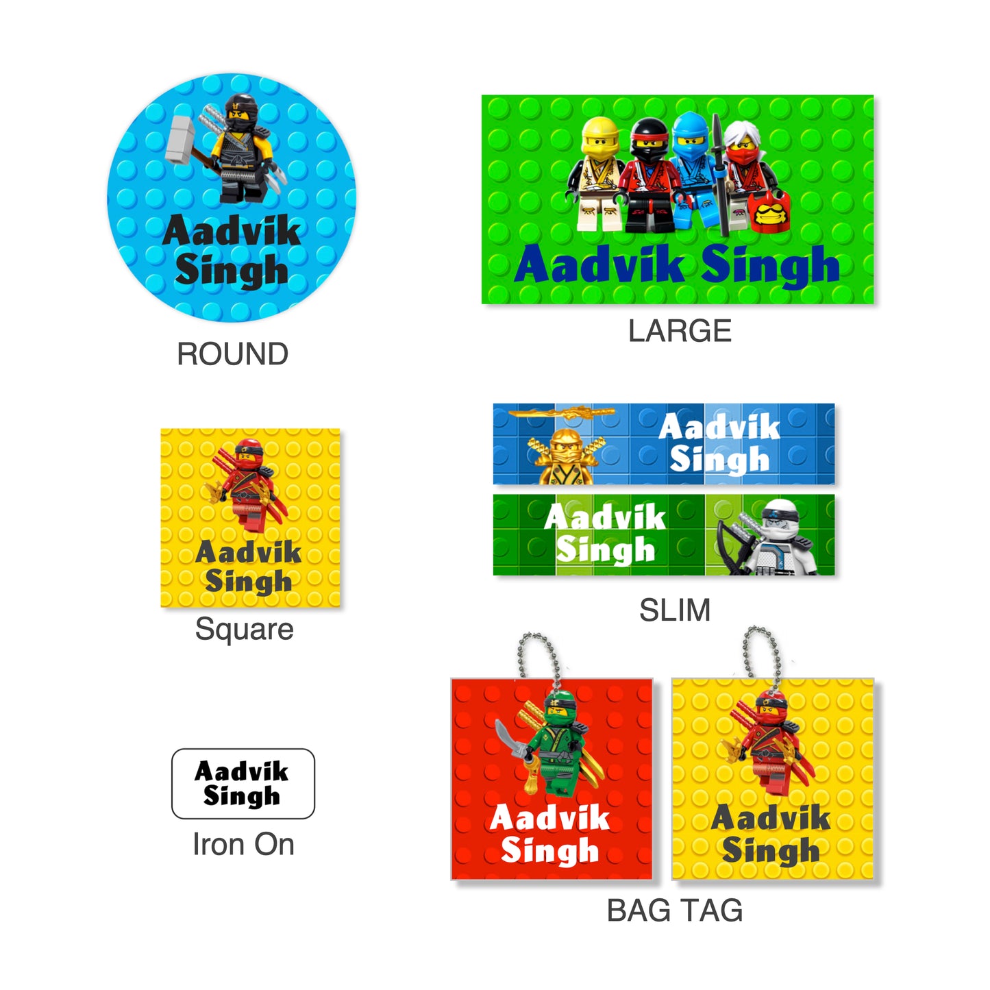 Assorted colorful labels featuring characters from the Ninjago series, with various shapes including round, square, and slim labels, designed for school use.